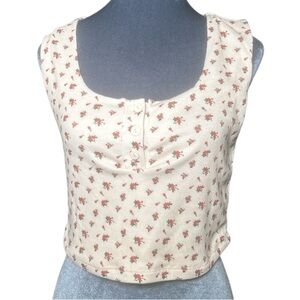 Chic Floral Rose Cream Sleeveless Button Tank Top